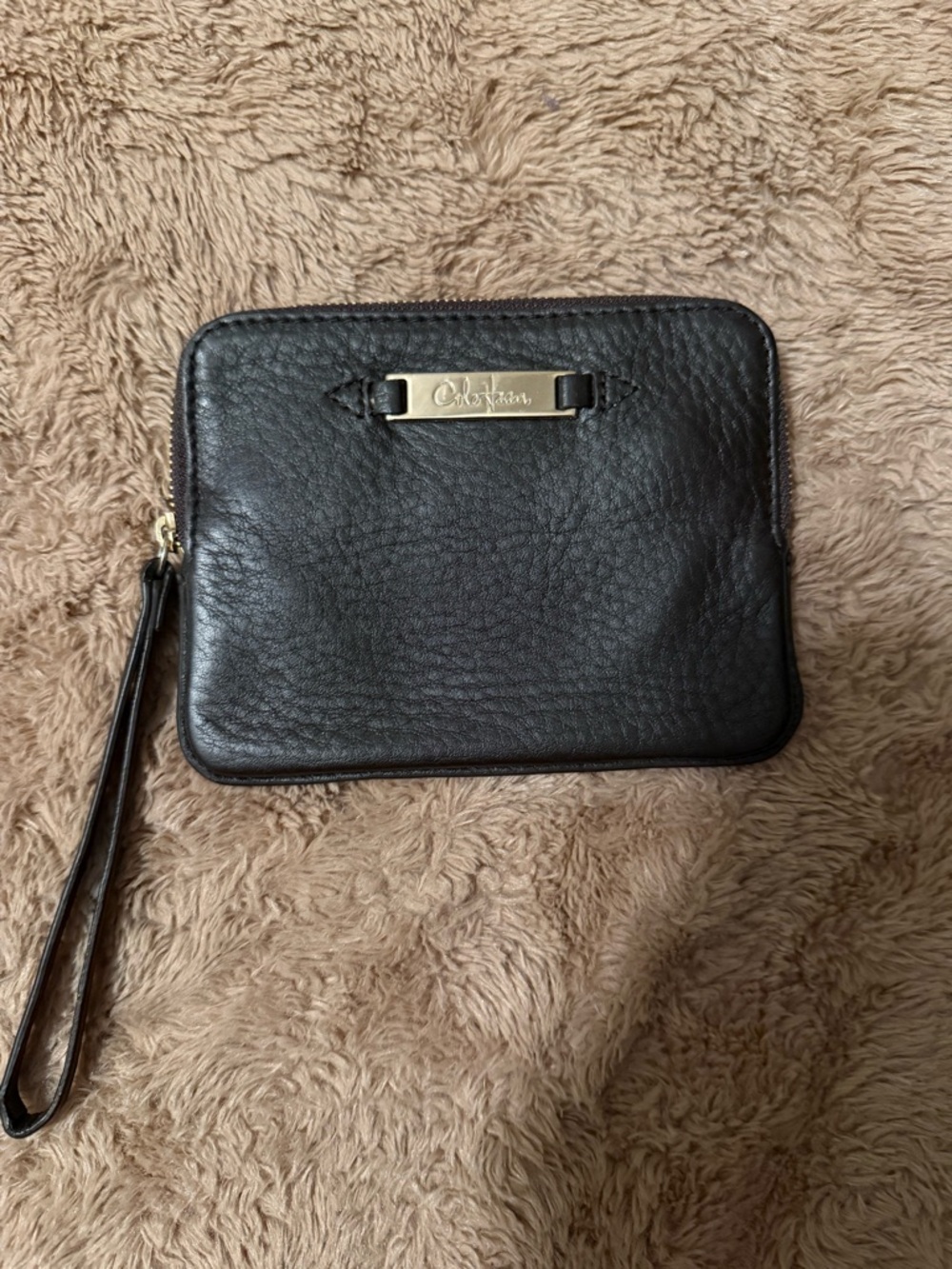 Cole Haan Black Leather Wristlet Clutch with Gold Accent